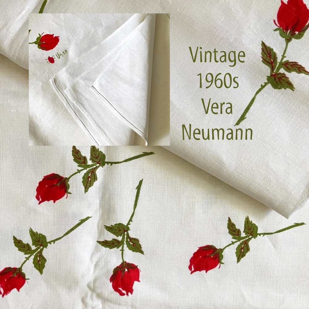 vintage unused 60s Vera Neumann red roses linen tablecloth